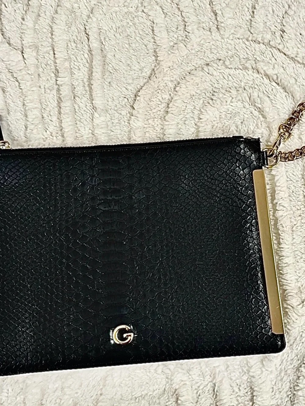 GUESS Black Faux Snakeskin Clutch Gold Chain Evening Bag